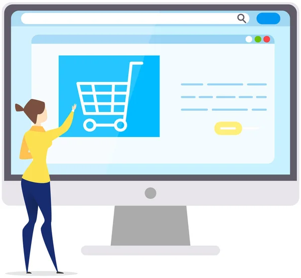 Kvinna väljer varor på webbplatsen för online shopping, utför betalning, betalar med kreditkort — Stock vektor