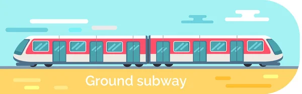 Transport opuszcza tunel do metra. Pociąg do przewozu pasażerów na peronie stacji metra — Wektor stockowy