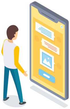 Kuryeyle sohbet eden adam, online sohbet. Sanal iletişim için uygulama, iletiler gönderiliyor