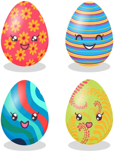 Decorated easter eggs with positive emotions, smiling faces japanese kawaii culture symbol anime — Stock Vector