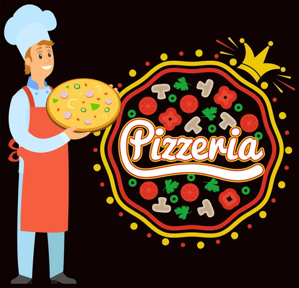 Mężczyzna szef kuchni stojący z gorącą pizzą z dodatkami, danie kuchni włoskiej w kawiarni, pizzeria — Wektor stockowy