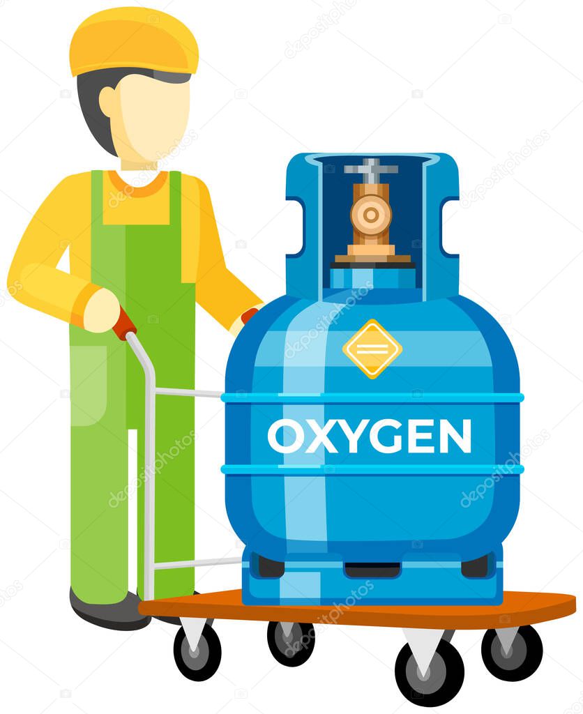 Male worker transporting gas cylinder, canister with oxygen, metal tank on warehouse trolley