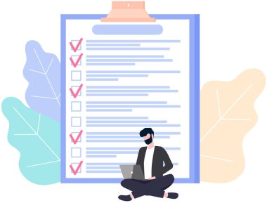 Kontrol listesi olan erkek karakter, bilgisayarda görev planlama programı. Adam dizüstü bilgisayarla panonun yanında oturuyor.