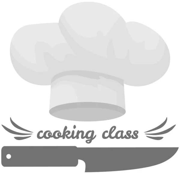 Modelo de crachá de escola de culinária. Texto desenhado à mão para etiqueta de aula de culinária com faca e chapéu de chef — Vetor de Stock