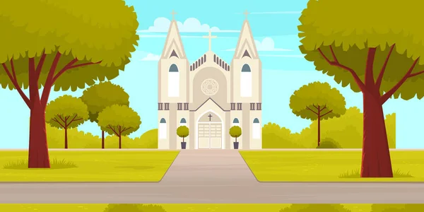 Régi katolikus templom. Rajzfilm vektor klasszikus katedrális illusztráció — Stock Vector
