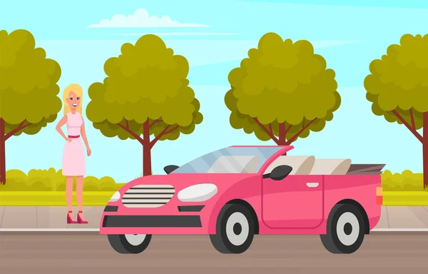 Hübsches Mädchen mit schönen Haaren im Kleid steht in der Nähe von rosa Auto. Blonde Frau am Steuer — Stockvektor