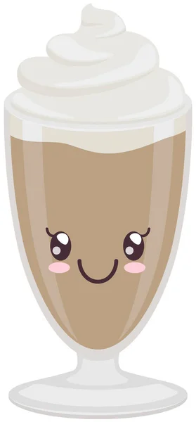 Latte de café bonito com espuma e xarope adesivo kawaii. Bebida quente em vidro com emoção positiva —  Vetores de Stock