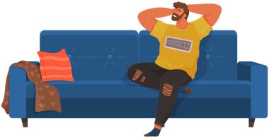 Dairedeki kanepede yatan adam. Mutlu genç adam rahatlıyor, rüya görüyor. Kanepede dinlen, evde dinlen.