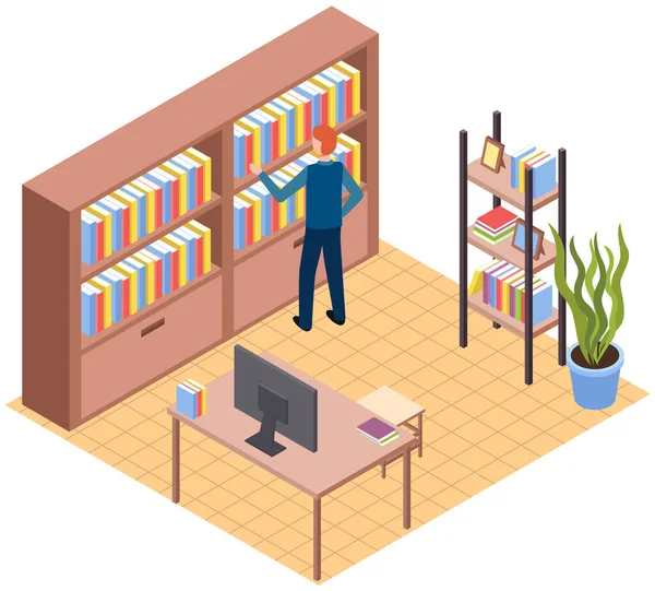 Ученик берет книгу в библиотечном шкафу с иконами. Человек в книжном магазине стоит рядом с книжной полкой с книгами — стоковый вектор