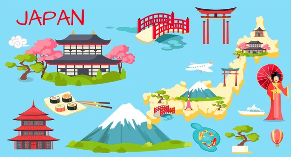 Reise-Japan-Infografik, Japan-Schriftzug und berühmte Sehenswürdigkeiten. Ostasien-Konzept entdecken — Stockvektor