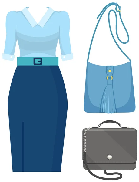 En uppsättning trendiga kvinnokläder. Kläder för kvinna jacka, blus, kjol och tillbehör handväskor — Stock vektor