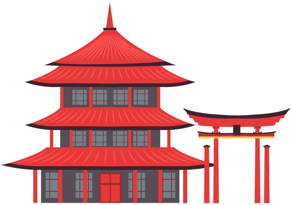 Edificio o templo asiático o chino en estilo tradicional aislado en blanco. Pagoda antigua casa — Vector de stock