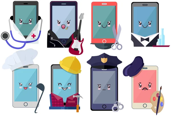 Smartphones com diferentes profissões em estilo kawaii bonito. Conjunto de telefones com várias emoções —  Vetores de Stock