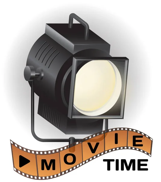 Banner de tempo de filme com holofotes para filmar atores, tira de filme em fundo branco. Festival de cinema — Vetor de Stock