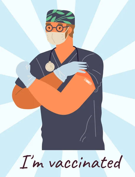 Doctor hombre usando máscara protectora mostrando su brazo con vendaje después de recibir la vacuna covid-19 — Archivo Imágenes Vectoriales