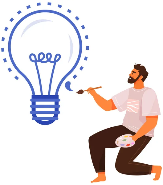 Un homme en train de dessiner une ampoule. Guy crée chef-d'œuvre d'art, nouvelle idée, symbole de créativité — Image vectorielle