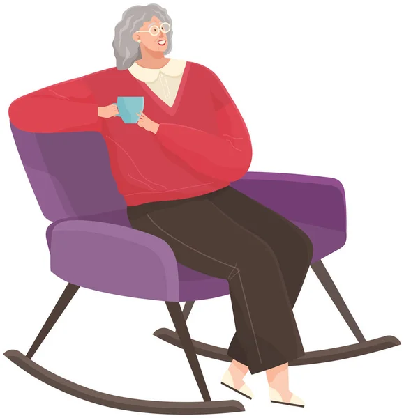 Mujer adulta sentada en el sofá en casa bebiendo café descansando después del trabajo, pensando en algo — Vector de stock