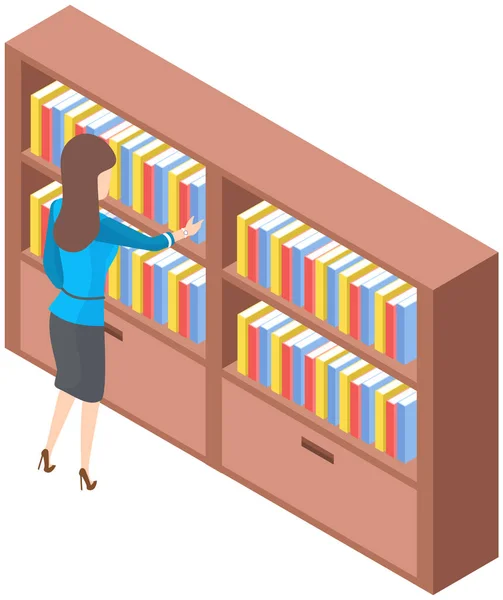 Estudiante tomando libro en librería icono de la biblioteca. Mujer en librería de pie cerca de librería con libros — Vector de stock