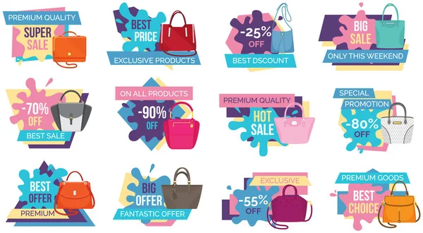 Cartaz de venda com saco de mulheres, loja agora. Desconto, promoção de ofertas especiais, propaganda de compras —  Vetores de Stock