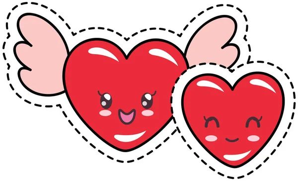 Cute heart emoji. Smiling face icon kawaii concept. Pair of red hearts with wings with cute smile — Stock Vector