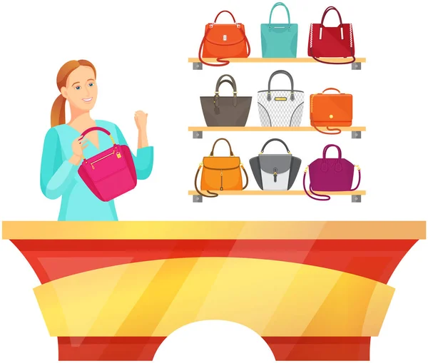 Young woman watching bags assortment standing on shelves at accessories store. Girl choose handbag — Stock Vector