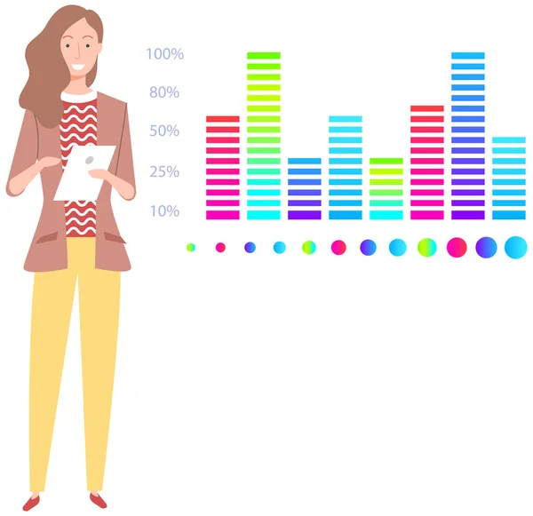 La femme étudie les statistiques sur la présentation. Caractère féminin pendant le travail ou les études avec rapport — Image vectorielle