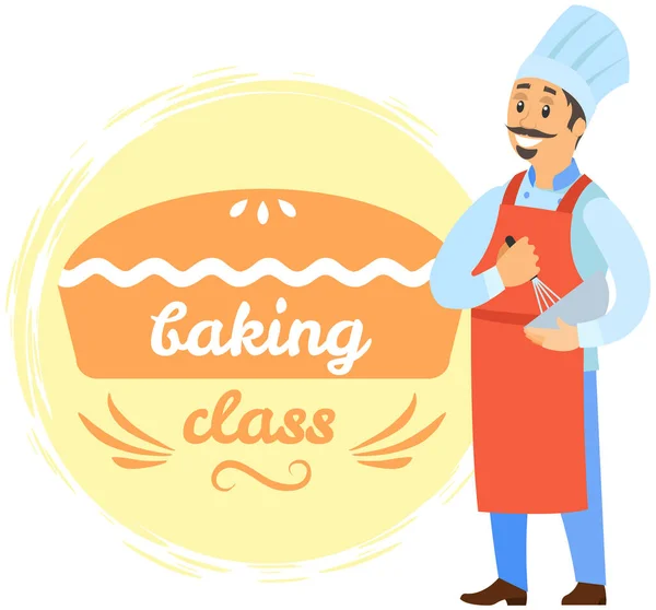Chef conduz aula de culinária premium sobre culinária. Homem preparando prato, ingredientes de fritura — Vetor de Stock