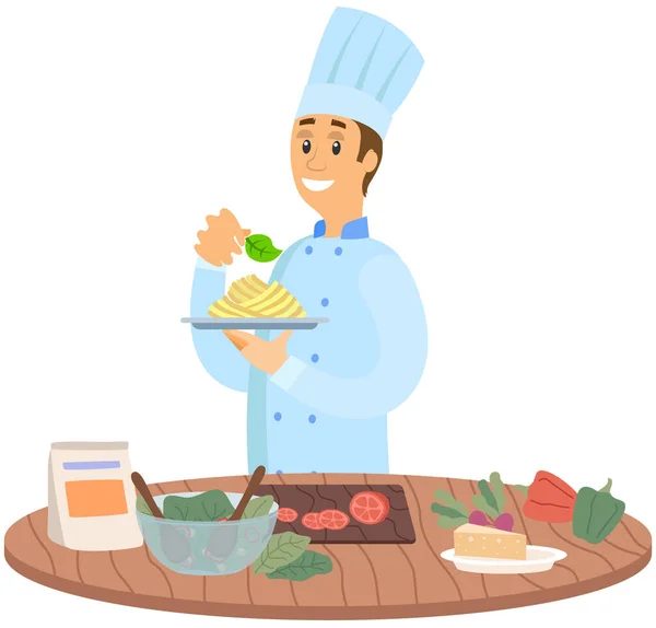 Chef standing with plate of pasta, dish of italian cuisine in cafe. Man holds ready-made meal — Stock Vector