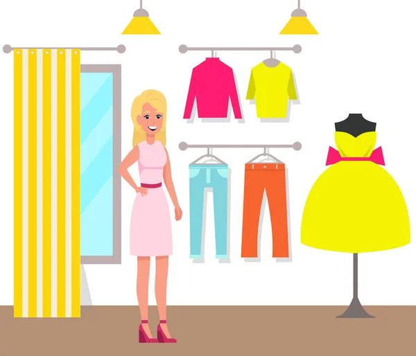 Chica en tienda de ropa boutique elige vestido. Compradora y perchas con prendas de moda — Vector de stock