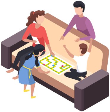 Mutlu çocuklar aileleriyle masa oyunu oynuyor, evde birlikte eğleniyorlar. Aile eğlencesi