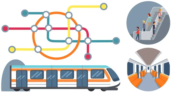 Trenes de metro, transporte público metro. Diagrama ficticio de la línea de metro para el metro — Vector de stock