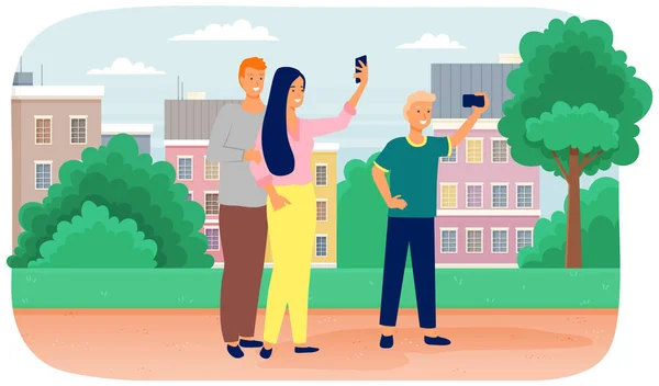 Vriendengroep nemen selfie aan de telefoon tijdens het wandelen in sity park. Vriendschap, foto in de tuin — Stockvector