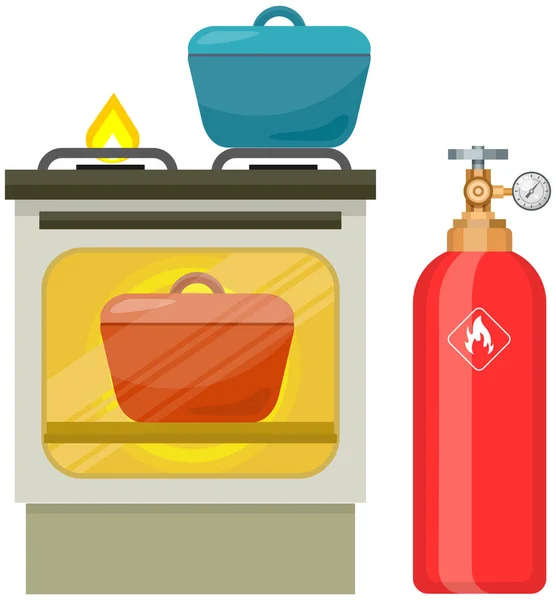Gasherd mit Brennern zum Kochen in Zylindernähe, Behälter mit Druckflüssigkeit im Inneren — Stockvektor