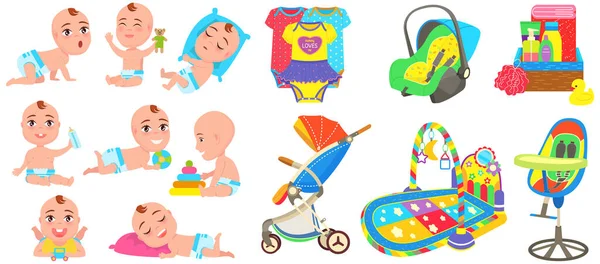 Multinational children, kids playing, baby care objects, newborn items supplies, set of icons — Stockvektor