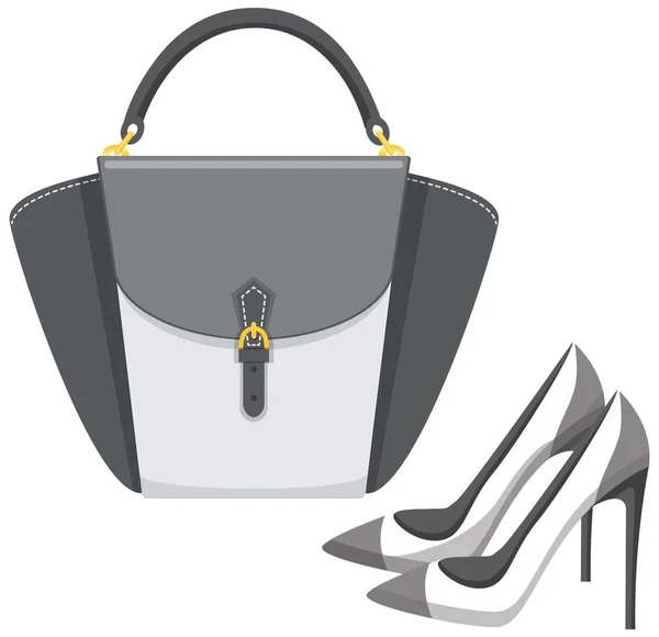 Módní boty a taška izolované na bílém. Stylové prvky dámského šatníku v neformálním módním stylu — Stockový vektor