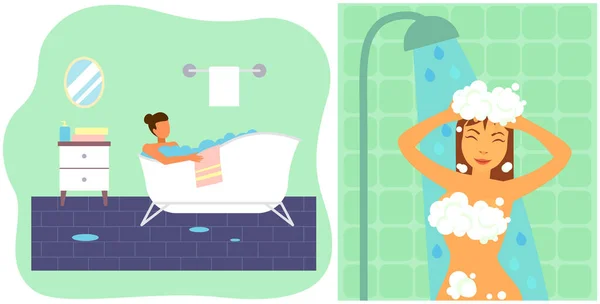 Mujer duchándose, limpiando su cuerpo y cabello en el baño. Chica se baña en espuma, lavando su cuerpo — Vector de stock