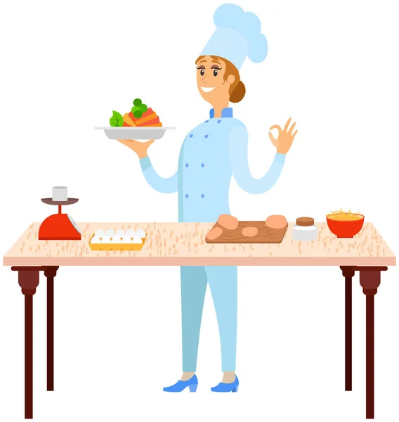 Vegetarian dish cooking process and ingredients on table. Chef holding vegan meal on plate — Stock Vector