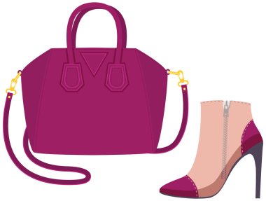 Moda ayakkabıları ve çanta beyaza izole edilmiş. Kadın giysilerinin şık öğeleri günlük moda tarzında.