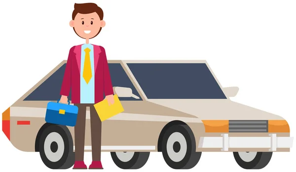 Empresário em pé perto de carro cinza no fundo branco. Automóvel e homem. Conceito de negócio —  Vetores de Stock