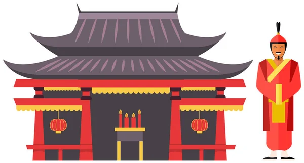 Edificio o templo asiático o chino en estilo tradicional aislado en blanco. Pagoda antigua casa — Vector de stock