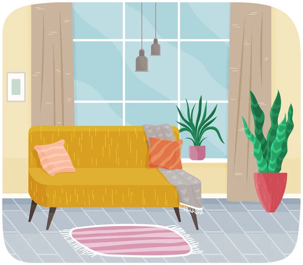 Sofá amarillo con almohadas en el diseño interior del apartamento. Salón con muebles acogedores — Archivo Imágenes Vectoriales