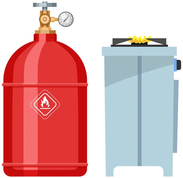 Estufa con quemadores para cocinar alimentados por gas suministrado a partir de un recipiente con sustancia comprimida — Vector de stock