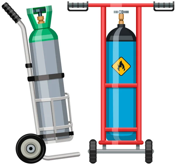 Transporte de cilindro de gas, recipiente con combustible. Depósito de metal, almacenamiento para sustancia presurizada — Vector de stock