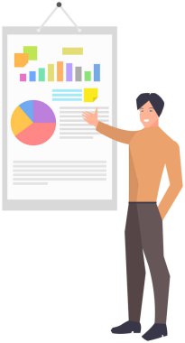 Verili sunum panosunun yanındaki adam, istatistiksel araştırma sonuçları, iş geliştirme planı