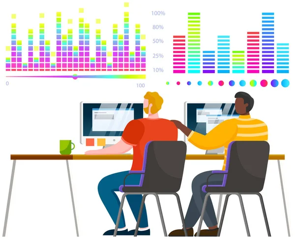 Los empresarios que se comunican en el lugar de trabajo discuten estadísticas, analizan diferentes gráficos y gráficos — Vector de stock