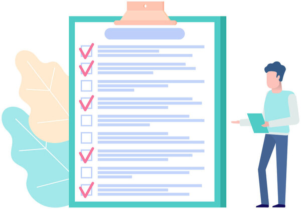 Планирование на месяц, составление списка, управление временем. Бизнесмен стоит рядом с контрольным списком и планированием