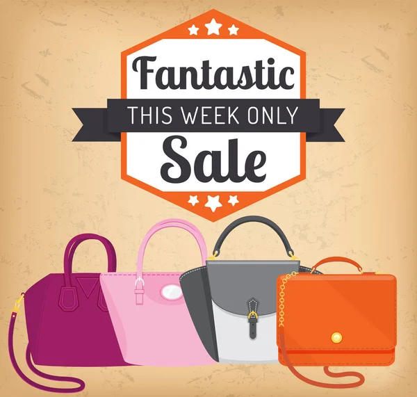 Sale poster with womens bag, shop now. Discount, special offers promotion, shopping advertisement — Vetor de Stock