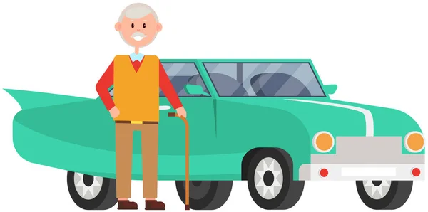 Hombre calvo mayor junto a su transporte personal. Anciano personaje masculino en gafas cerca de coche retro — Vector de stock