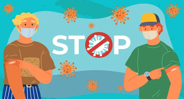 Állítsa le a koronavírus agitáció koncepcióját. Védőoltás promóció, munkások immunizálása. A vakcina életeket ment. — Stock Vector