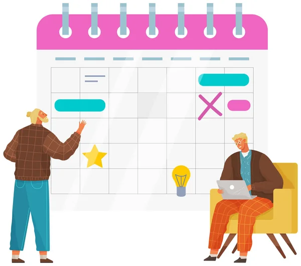 Planejamento de tarefas, empresários olham para o calendário, gerenciamento de tempo, agendamento, conceito de planejamento de mês —  Vetores de Stock